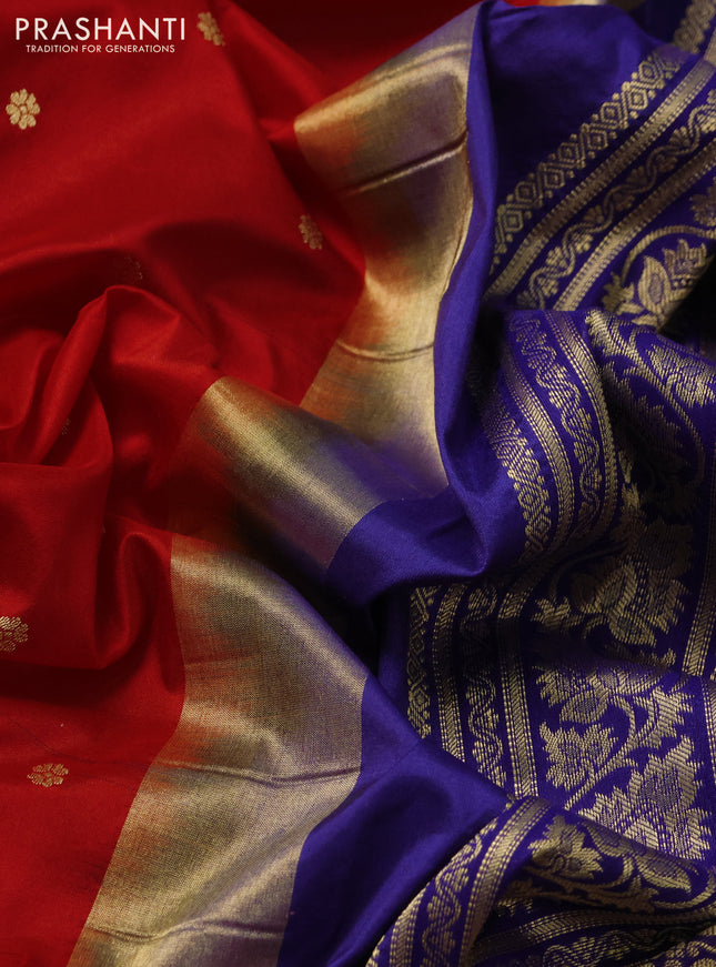 Narayanpet silk saree red and blue with allover zari woven buttas and rettapet zari woven butta border