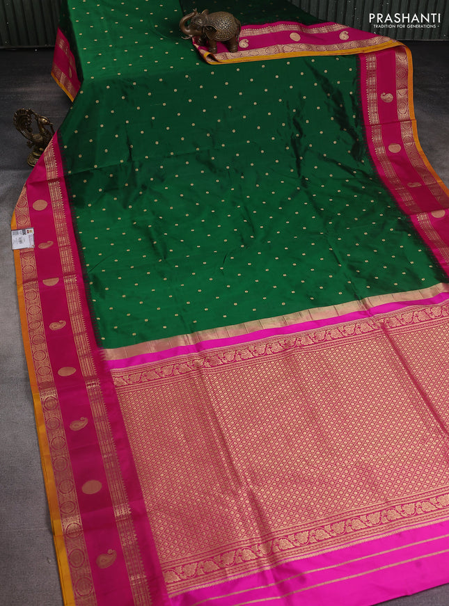 Narayanpet silk saree bottle green and pink with allover zari woven buttas and rettapet zari woven butta border