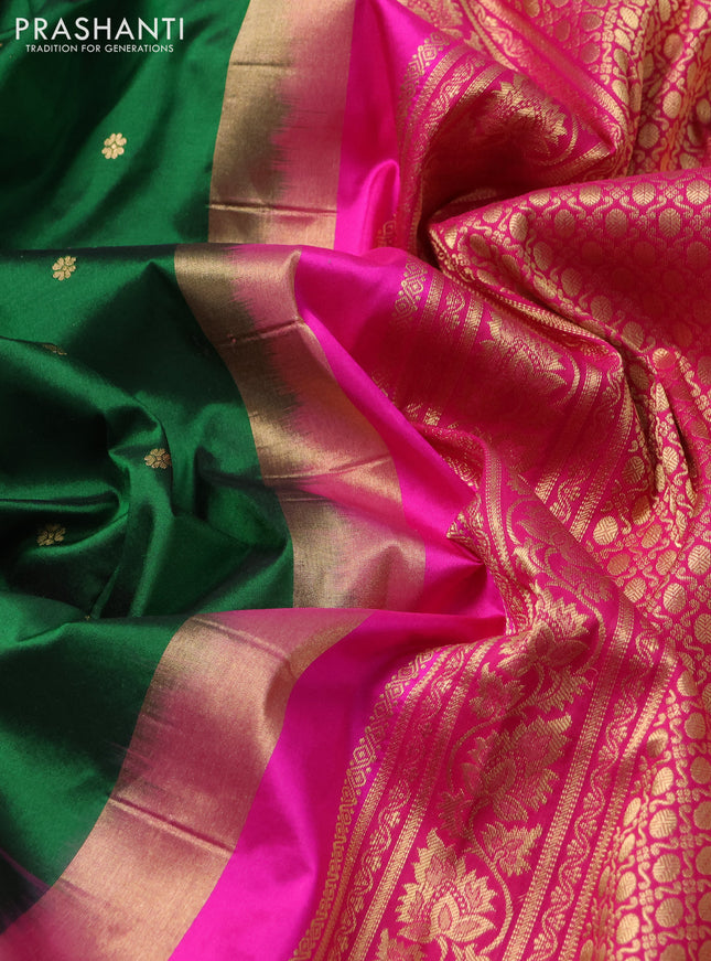 Narayanpet silk saree bottle green and pink with allover zari woven buttas and rettapet zari woven butta border