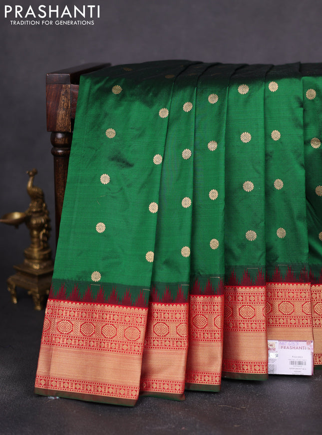 Narayanpet silk saree bottle green and red with allover zari woven buttas and temple design zari woven border