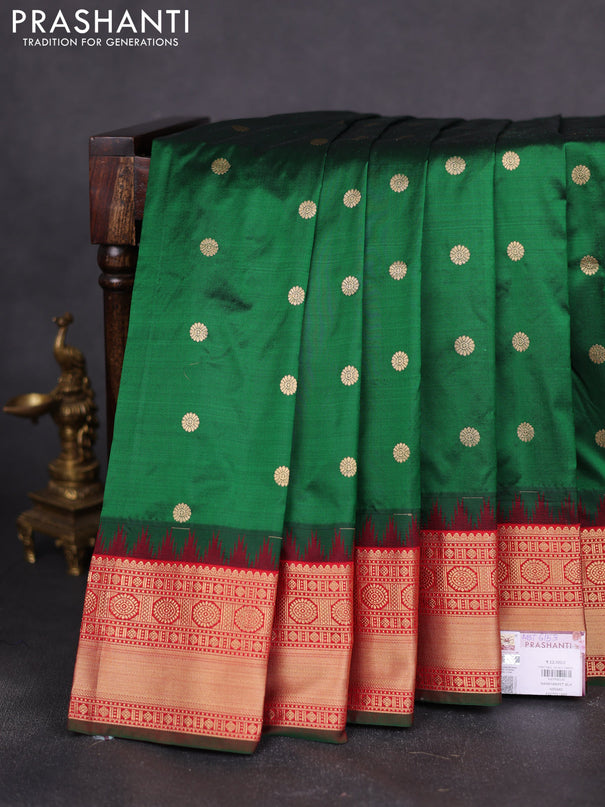 Narayanpet silk saree bottle green and red with allover zari woven buttas and temple design zari woven border