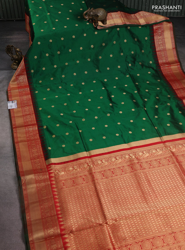 Narayanpet silk saree bottle green and red with allover zari woven buttas and temple design zari woven border
