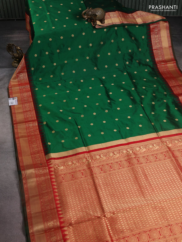 Narayanpet silk saree bottle green and red with allover zari woven buttas and temple design zari woven border