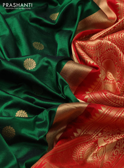 Narayanpet silk saree bottle green and red with allover zari woven buttas and temple design zari woven border