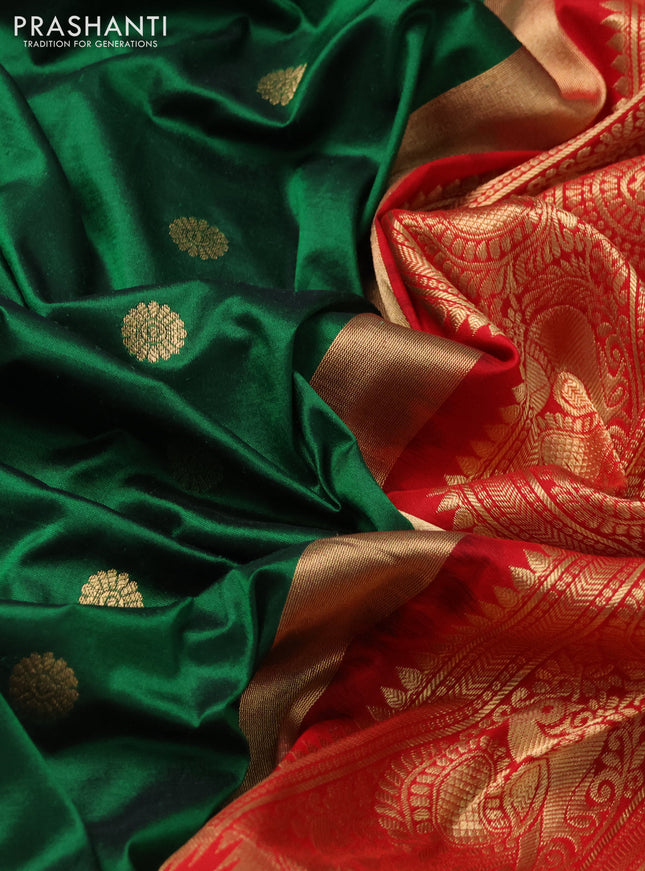 Narayanpet silk saree bottle green and red with allover zari woven buttas and temple design zari woven border