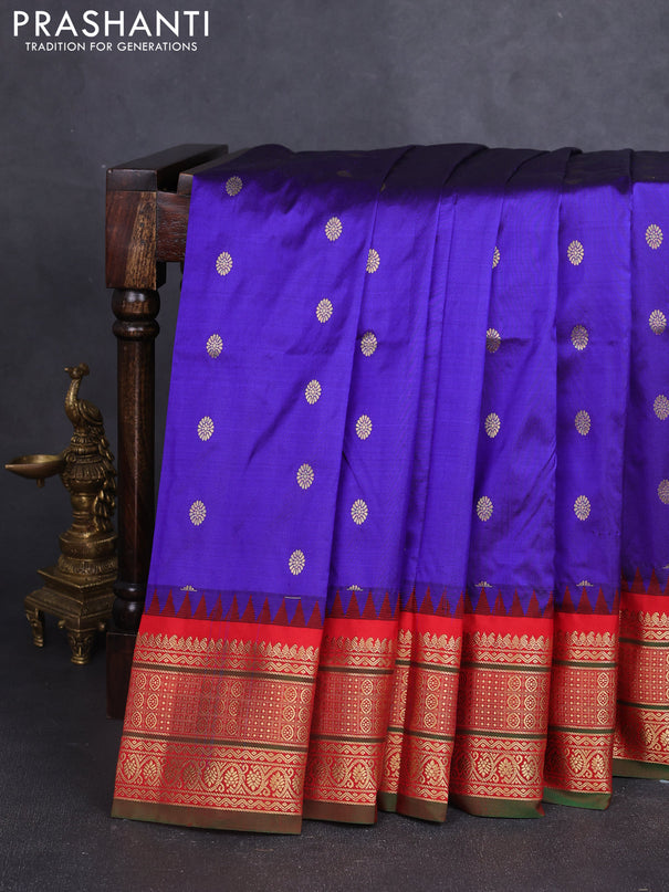 Narayanpet silk saree blue and red with allover zari woven buttas and temple design zari woven border