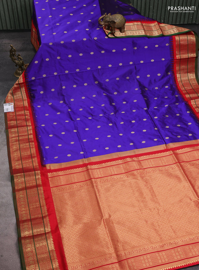 Narayanpet silk saree blue and red with allover zari woven buttas and temple design zari woven border