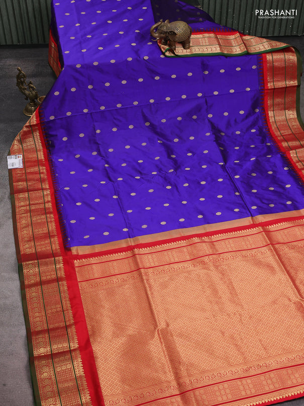 Narayanpet silk saree blue and red with allover zari woven buttas and temple design zari woven border
