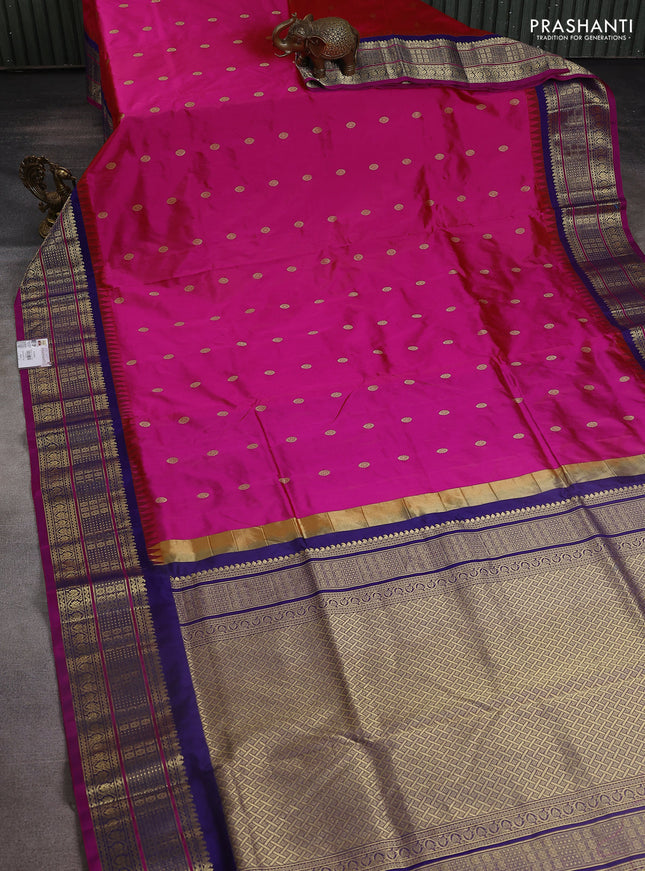 Narayanpet silk saree candy pink and navy blue with allover zari woven buttas and temple design zari woven border