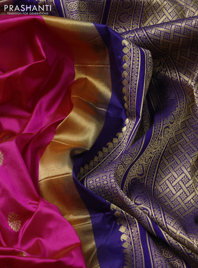 Narayanpet silk saree candy pink and navy blue with allover zari woven buttas and temple design zari woven border