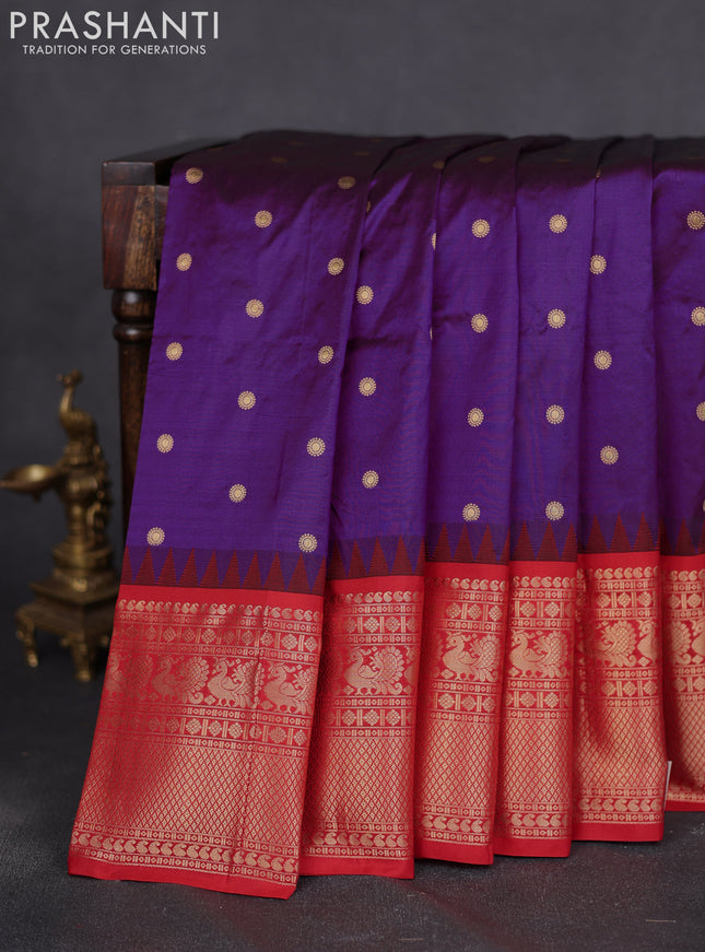 Narayanpet silk saree purple and red with allover zari woven buttas and temple design long zari woven border