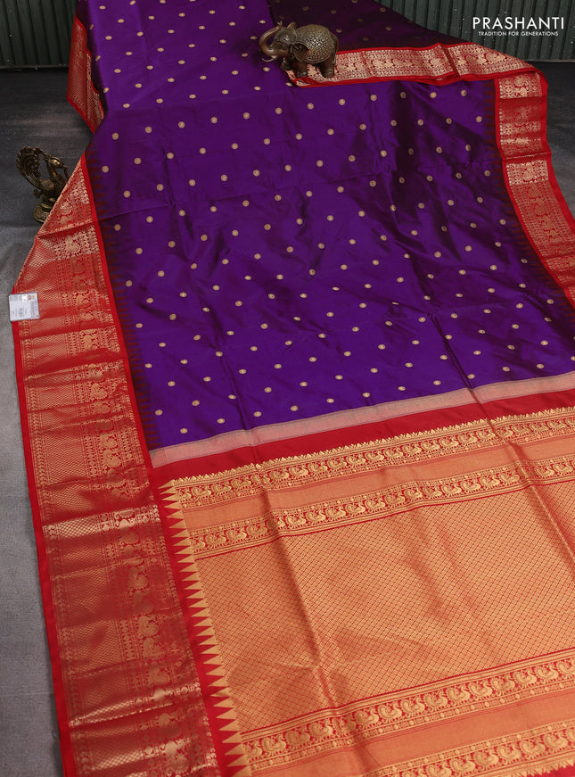 Narayanpet silk saree purple and red with allover zari woven buttas and temple design long zari woven border