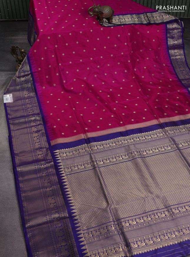 Narayanpet silk saree pink and navy blue with allover zari woven buttas and temple design long zari woven border