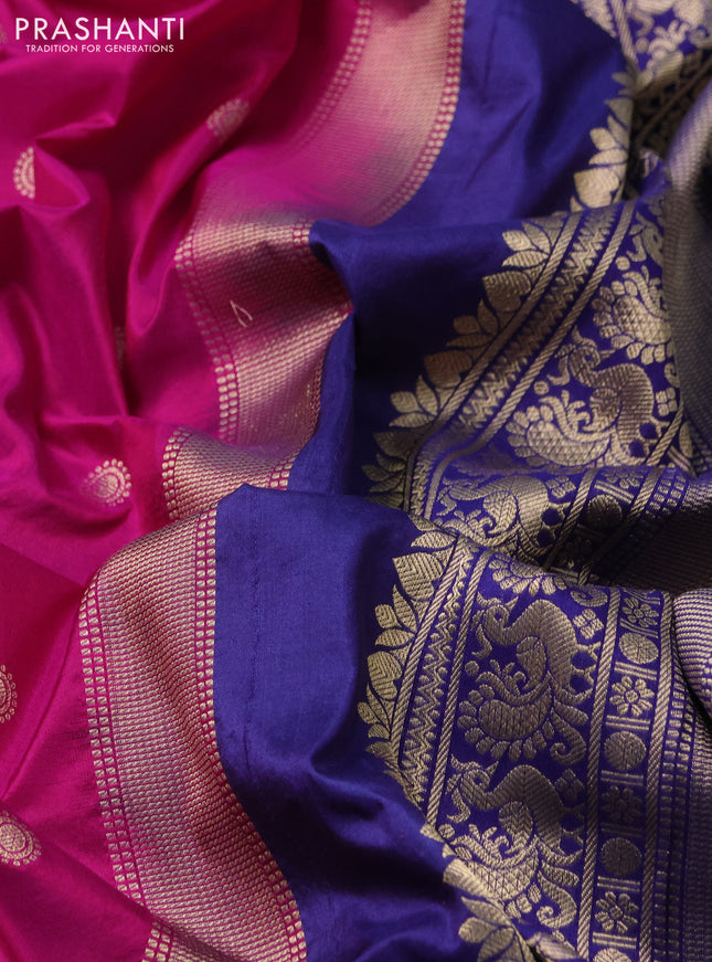 Narayanpet silk saree pink and navy blue with allover zari woven buttas and temple design long zari woven border