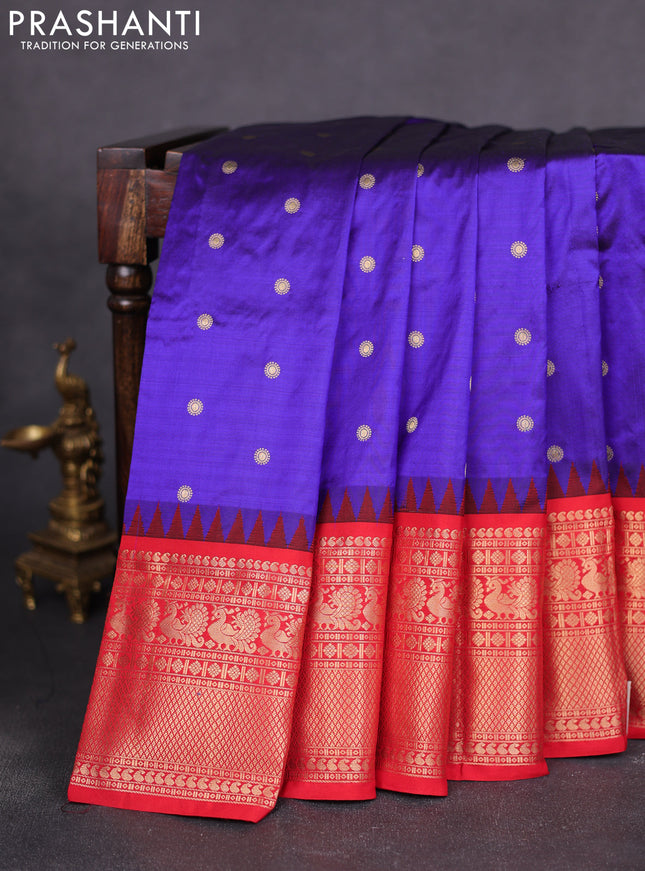 Narayanpet silk saree blue and red with allover zari woven buttas and temple design long zari woven border