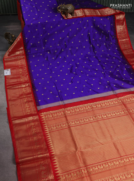 Narayanpet silk saree blue and red with allover zari woven buttas and temple design long zari woven border