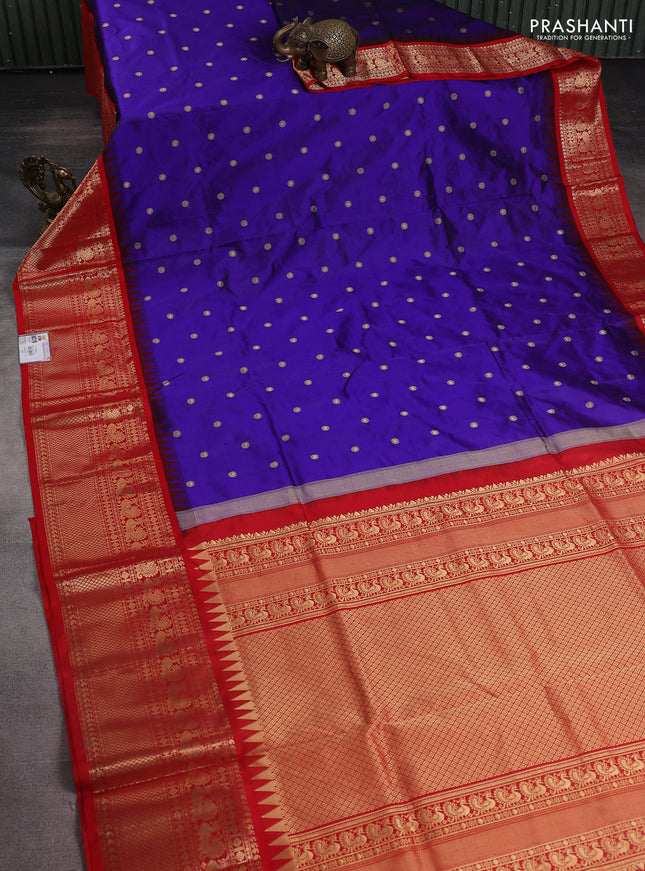 Narayanpet silk saree blue and red with allover zari woven buttas and temple design long zari woven border