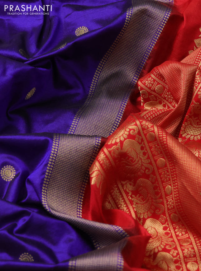 Narayanpet silk saree blue and red with allover zari woven buttas and temple design long zari woven border