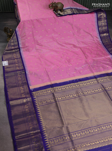 Narayanpet silk saree light pink and navy blue with allover zari woven buttas and temple design long zari woven border