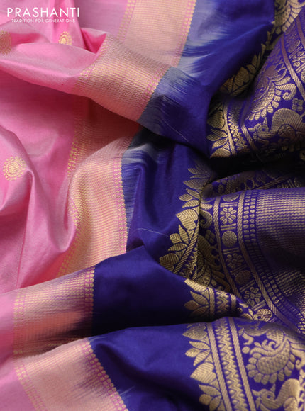 Narayanpet silk saree light pink and navy blue with allover zari woven buttas and temple design long zari woven border