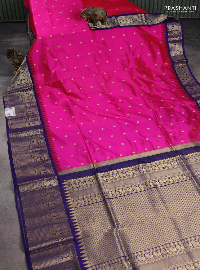 Narayanpet silk saree pink and navy blue with allover zari woven buttas and temple design long zari woven border