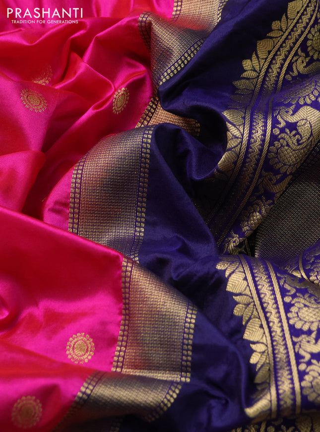 Narayanpet silk saree pink and navy blue with allover zari woven buttas and temple design long zari woven border