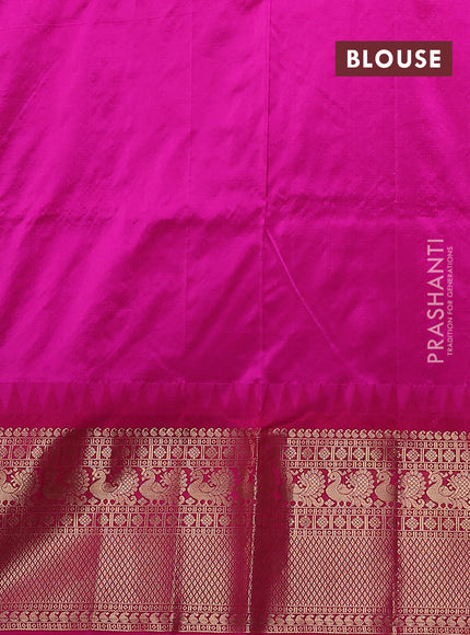Narayanpet silk saree teal blue and pink with allover zari woven buttas and temple design long zari woven border