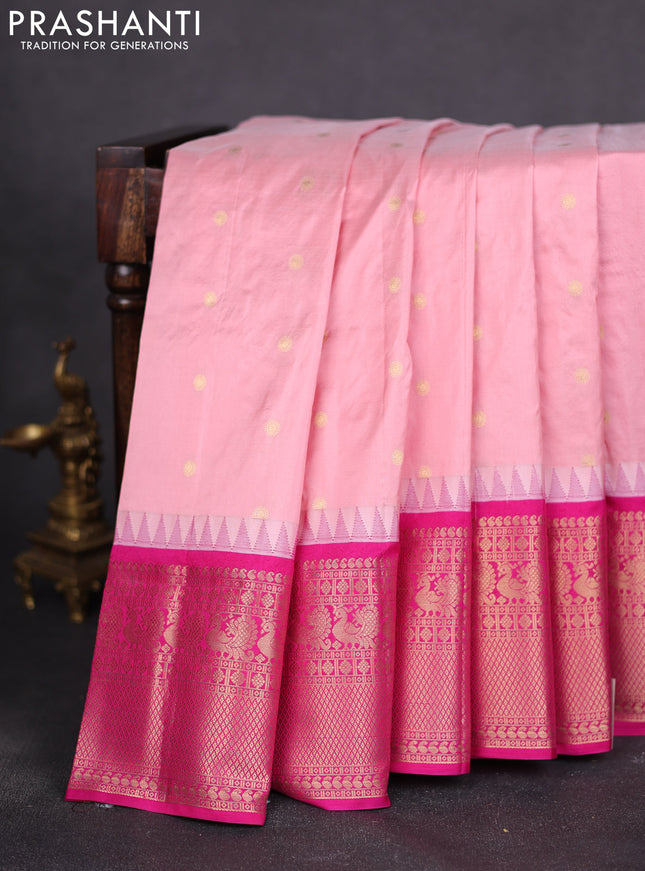 Narayanpet silk saree mild peach pink and pink with allover zari woven buttas and temple design long zari woven border