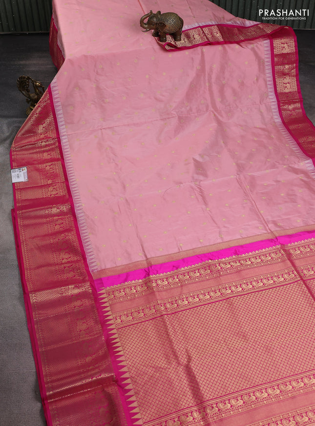 Narayanpet silk saree mild peach pink and pink with allover zari woven buttas and temple design long zari woven border