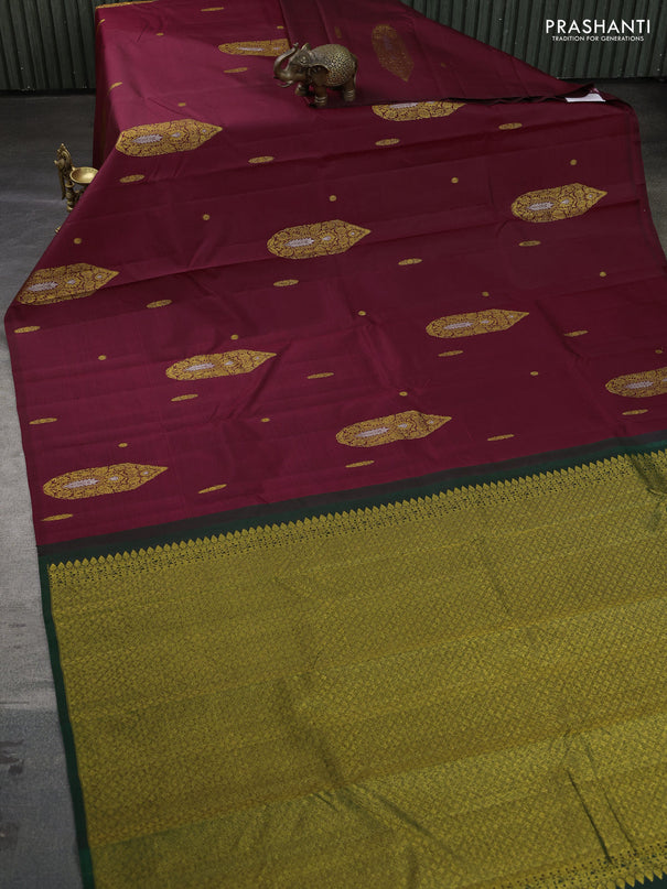 Pure kanchipuram silk saree maroon and green with zari woven buttas in borderless style