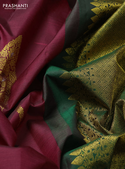 Pure kanchipuram silk saree maroon and green with zari woven buttas in borderless style