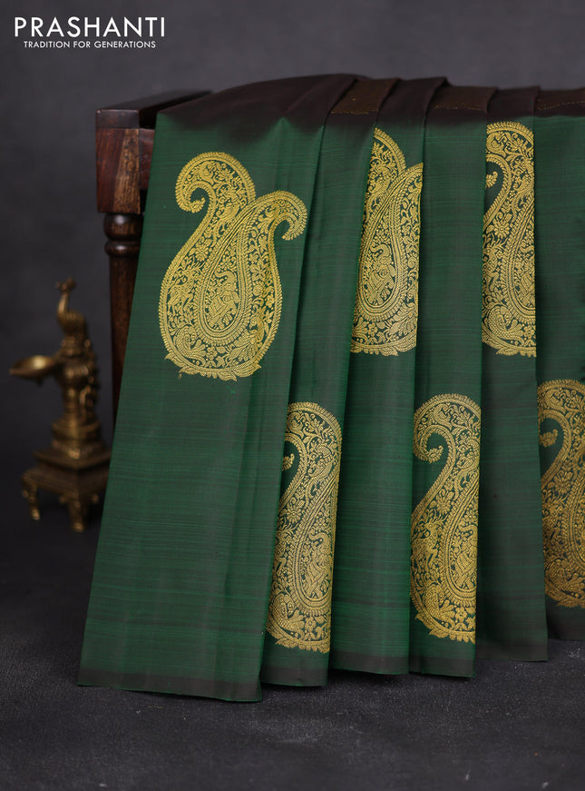 Pure kanchipuram silk saree dark green and pink with paisley zari woven buttas in borderless style