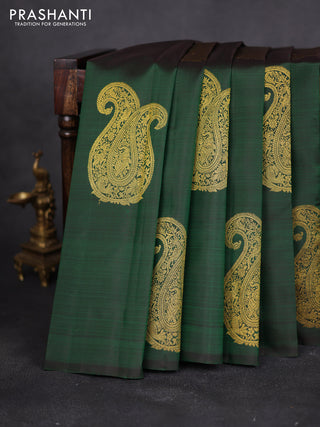 Pure kanchipuram silk saree dark green and pink with paisley zari woven buttas in borderless style