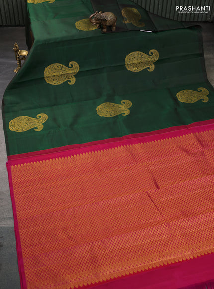 Pure kanchipuram silk saree dark green and pink with paisley zari woven buttas in borderless style