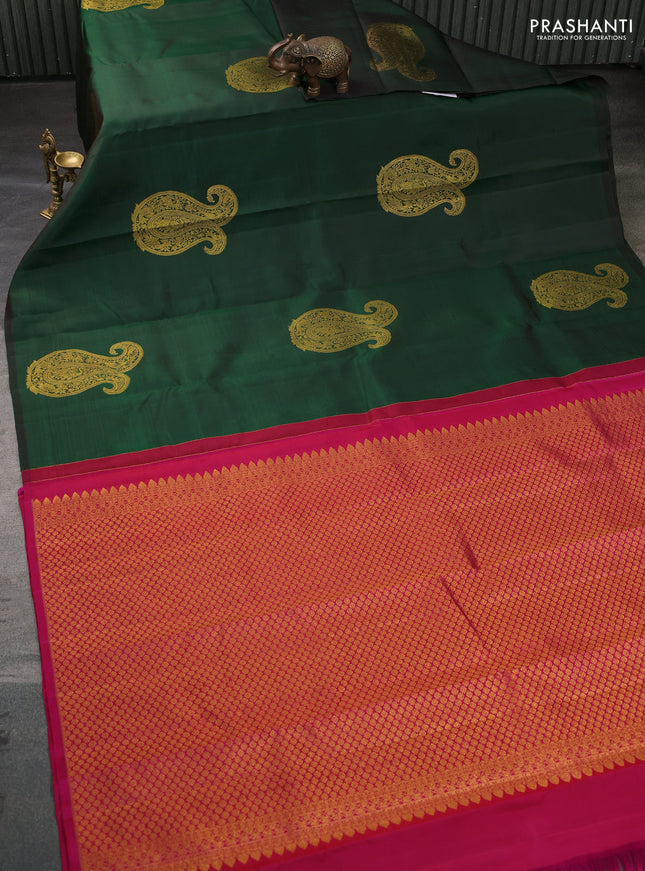 Pure kanchipuram silk saree dark green and pink with paisley zari woven buttas in borderless style