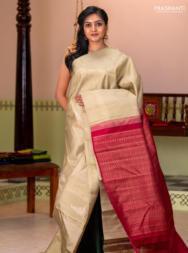 Pure kanchipuram silk saree pista green and maroon with allover silver zari weaves & buttas in borderless style