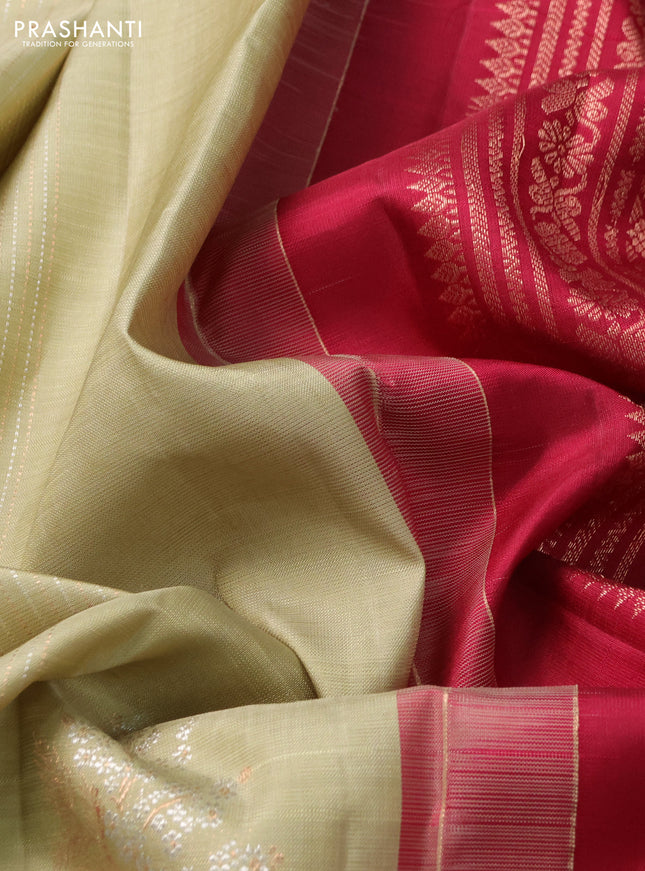 Pure kanchipuram silk saree pista green and maroon with allover silver zari weaves & buttas in borderless style