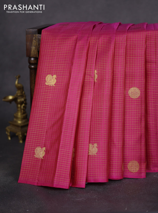 Pure kanchipuram silk saree pink and navy blue with allover small zari checks & buttas in borderless style