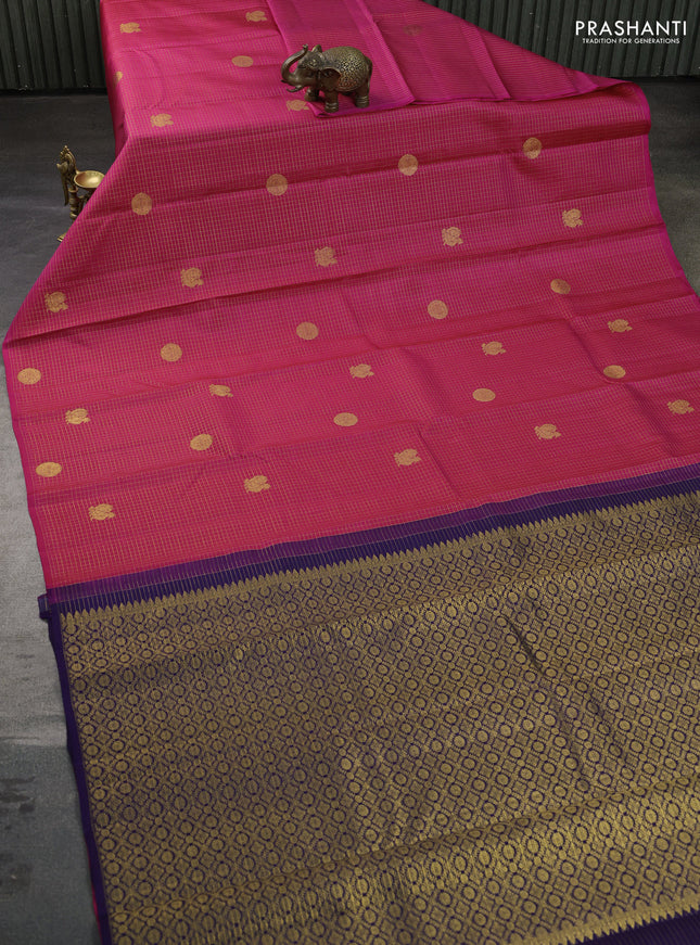 Pure kanchipuram silk saree pink and navy blue with allover small zari checks & buttas in borderless style