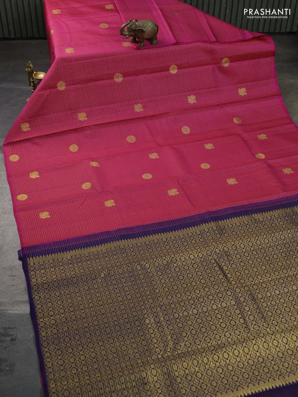 Pure kanchipuram silk saree pink and navy blue with allover small zari checks & buttas in borderless style