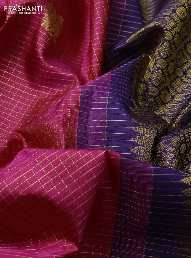 Pure kanchipuram silk saree pink and navy blue with allover small zari checks & buttas in borderless style