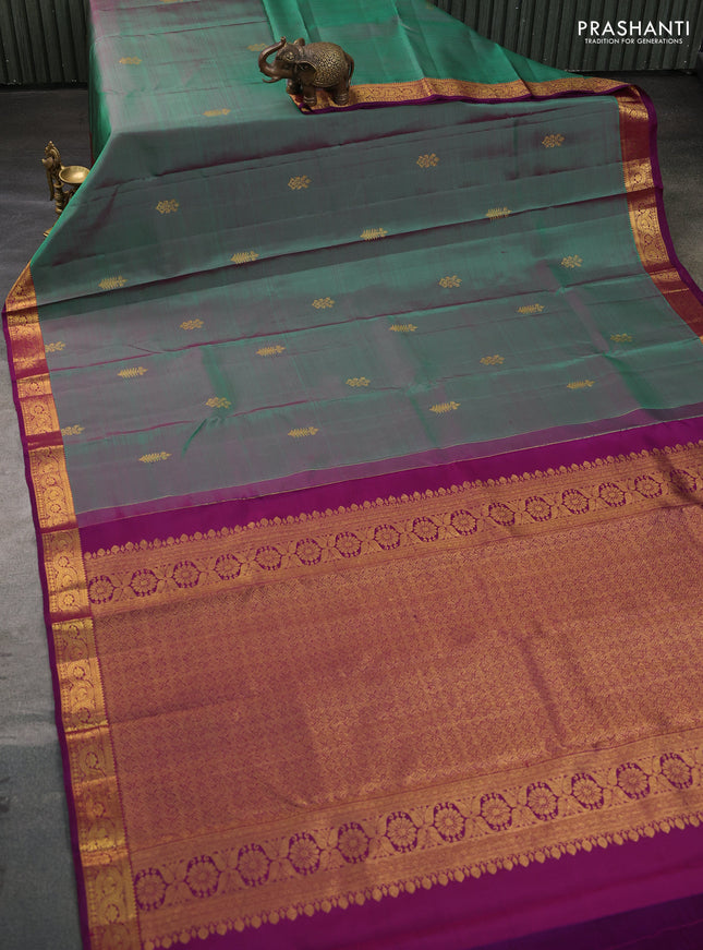 Pure kanchipuram silk saree teal green and purple with zari woven buttas and zari woven border
