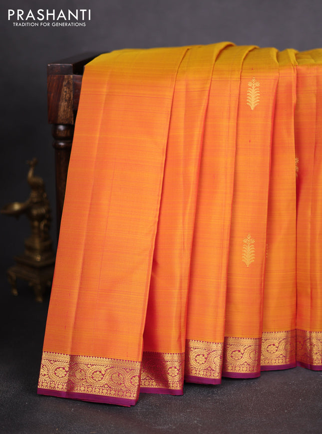 Pure kanchipuram silk saree mustard yellow and wine shade with zari woven buttas and zari woven border