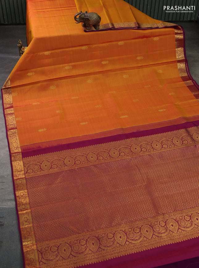 Pure kanchipuram silk saree mustard yellow and wine shade with zari woven buttas and zari woven border