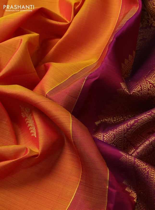 Pure kanchipuram silk saree mustard yellow and wine shade with zari woven buttas and zari woven border