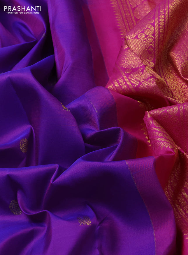 Pure kanchipuram silk saree dual shade of purple and pink with allover annam zari woven buttas and zari woven border