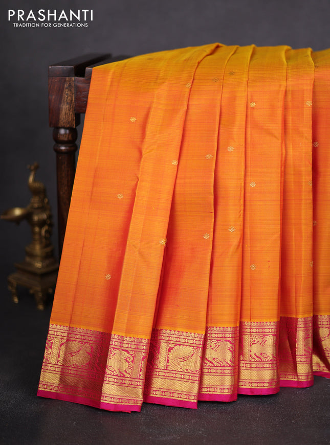 Pure kanchipuram silk saree mustard yellow and pink with zari woven buttas and zari woven border