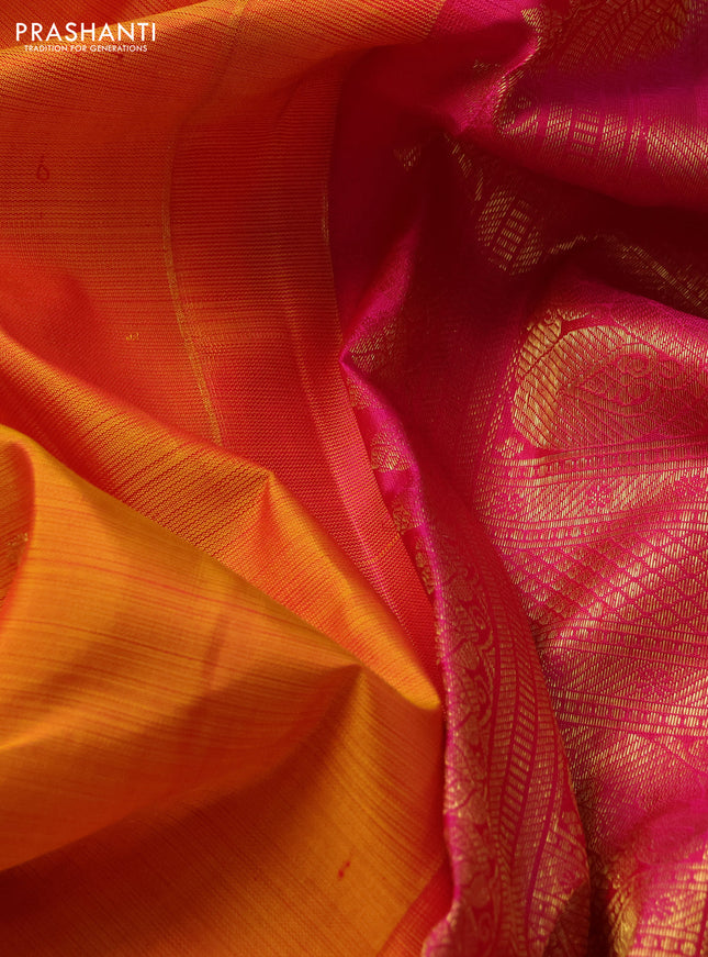 Pure kanchipuram silk saree mustard yellow and pink with zari woven buttas and zari woven border