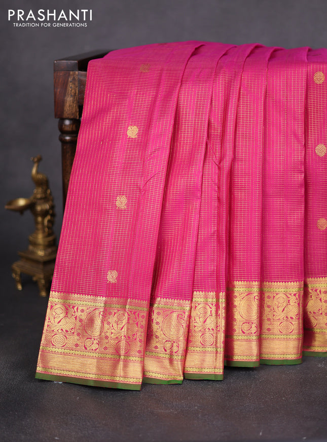 Pure kanchipuram silk saree pink and green with allover zari checks & buttas and zari woven border