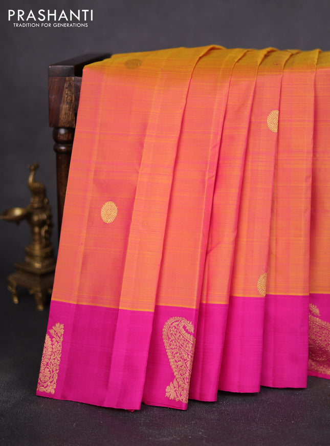 Pure kanchipuram silk saree dual shade of mustard and pink with zari woven buttas and zari woven butta border